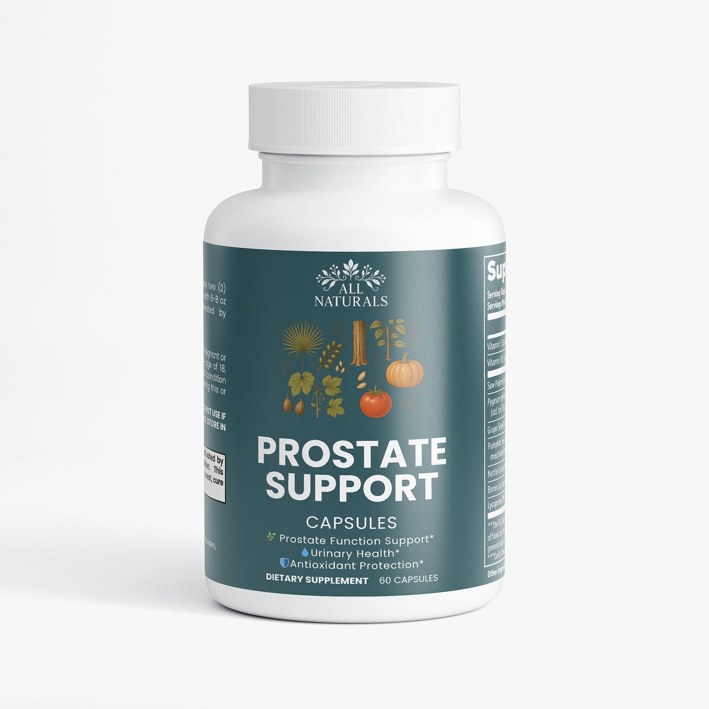 Bottle of All Naturals Prostate Support capsules on a white background