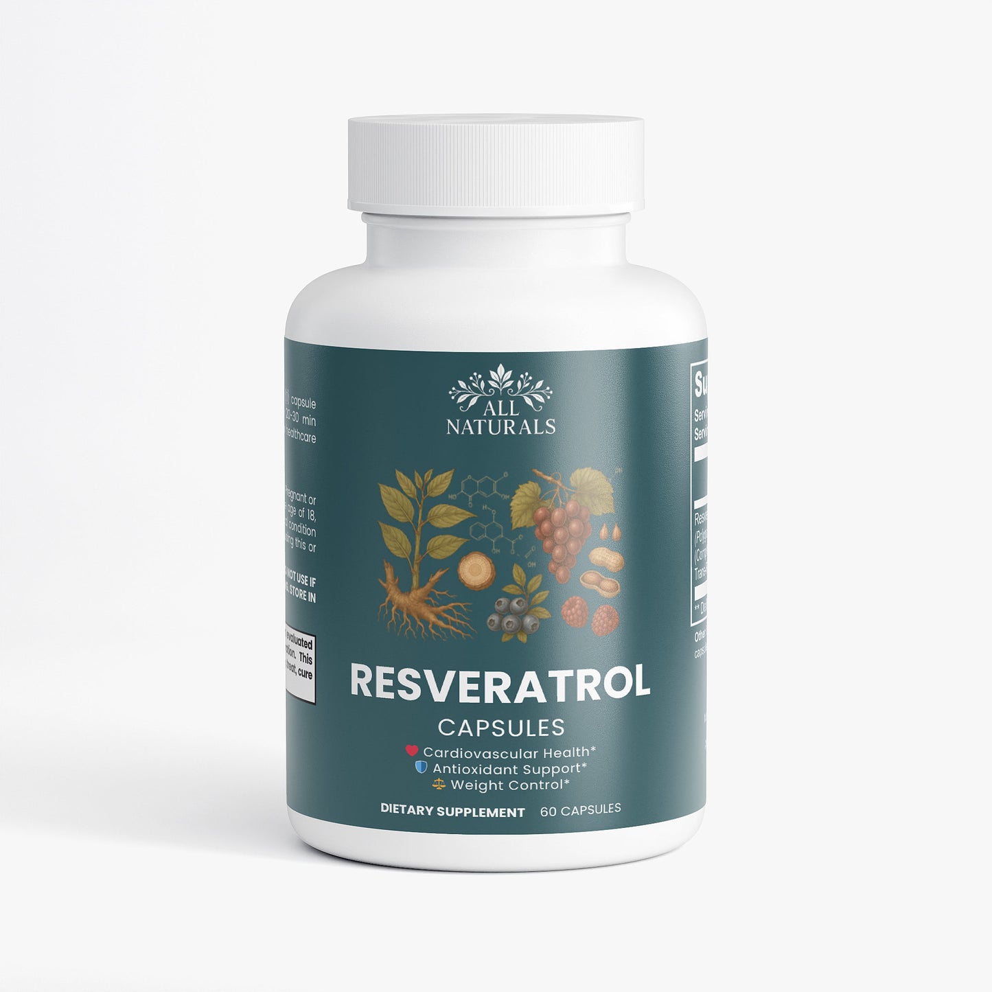 Bottle of All Naturals Resveratrol capsules on a white background