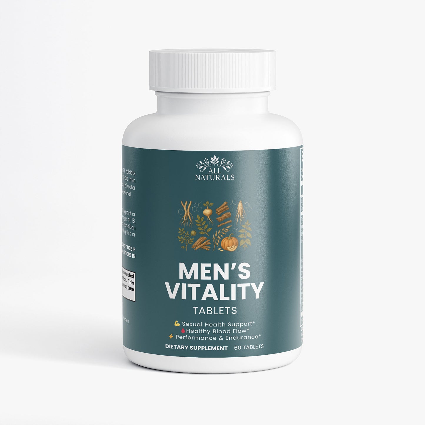Bottle of Men's Vitality Tablets on a white background