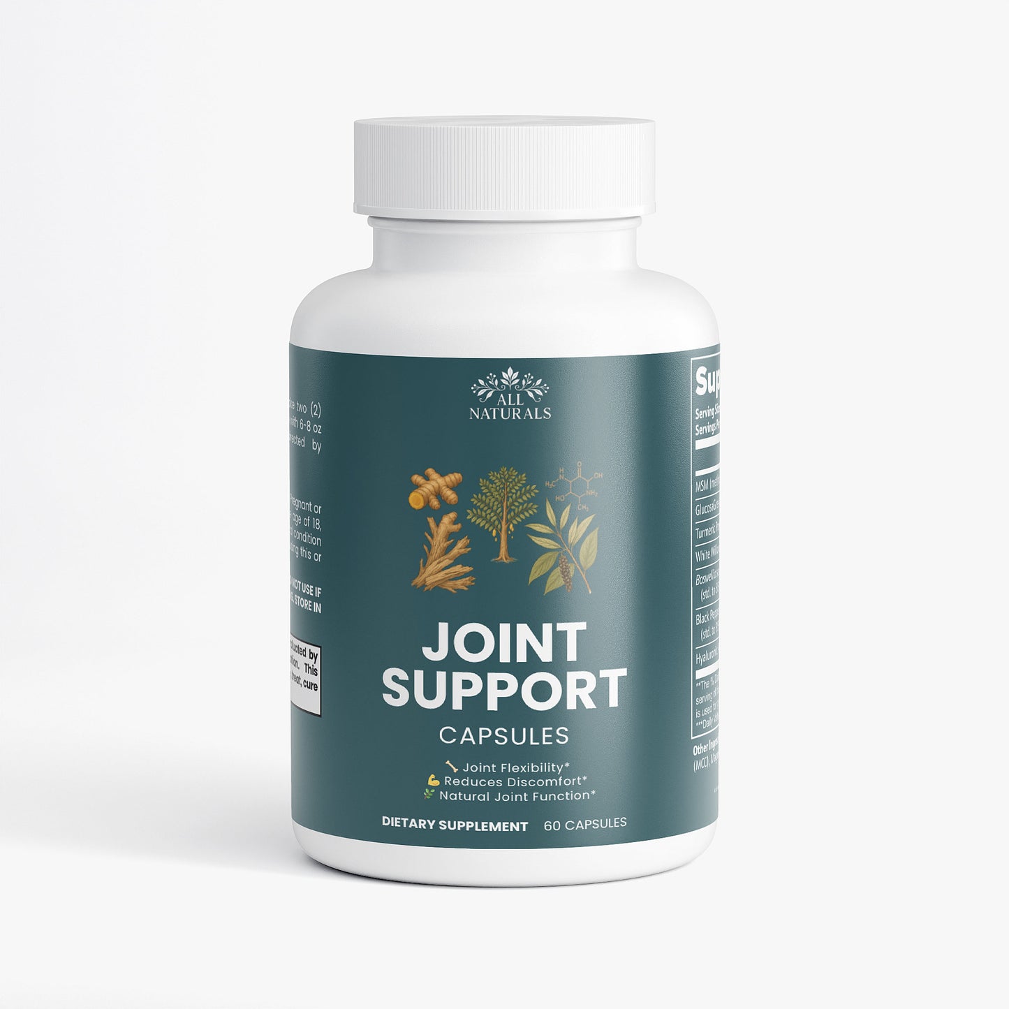 Bottle of joint support capsules on a white background