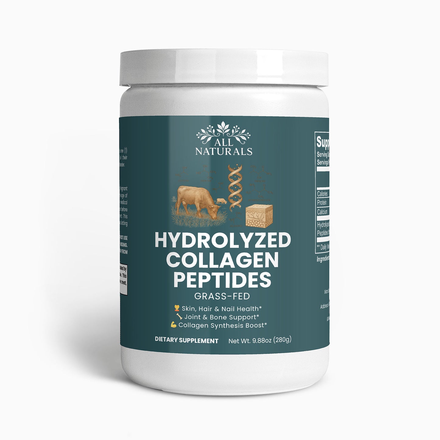 Container of All Naturals Hydrolyzed Collagen Peptides on a white background