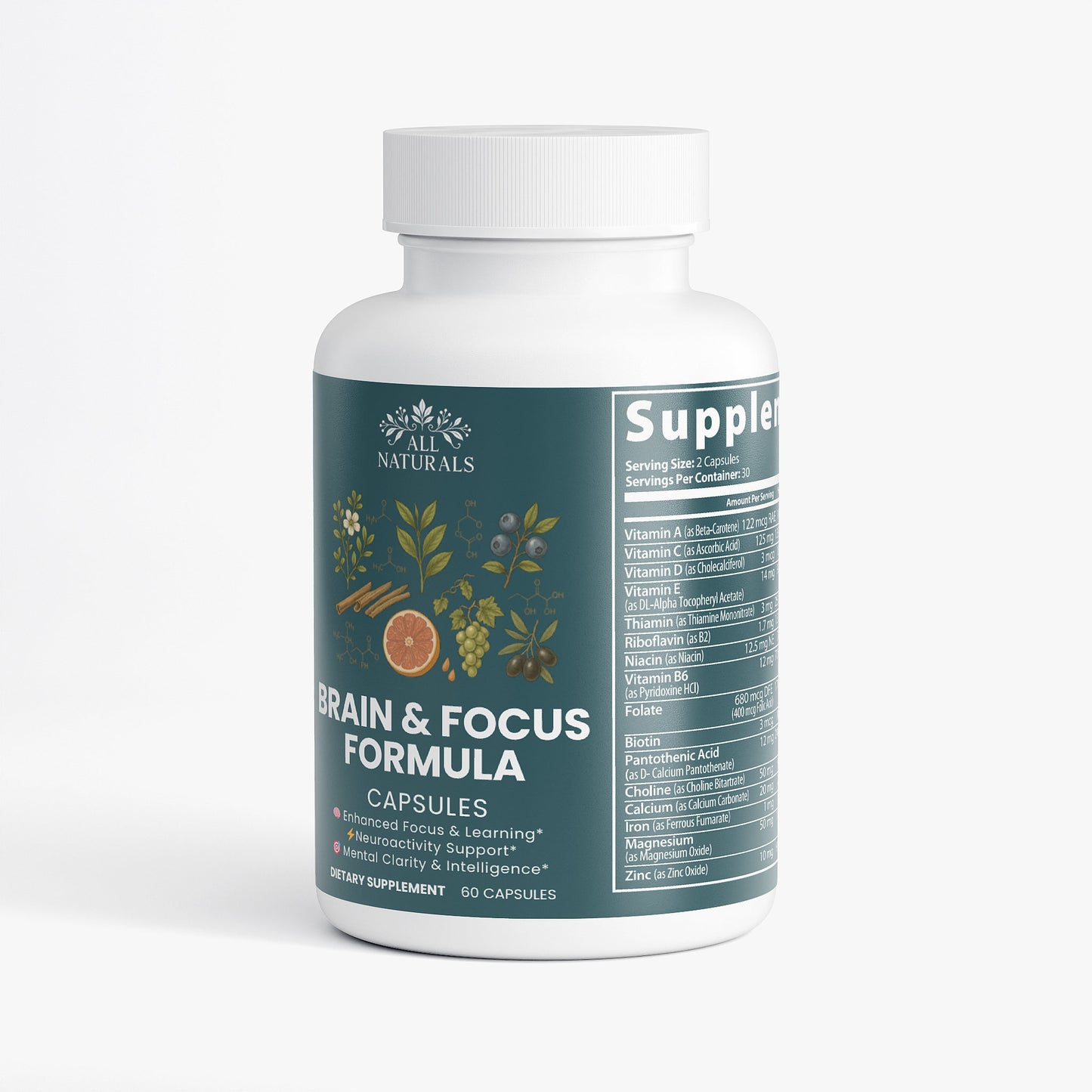 Supplement bottle labeled 'Brain & Focus Formula' on a white background