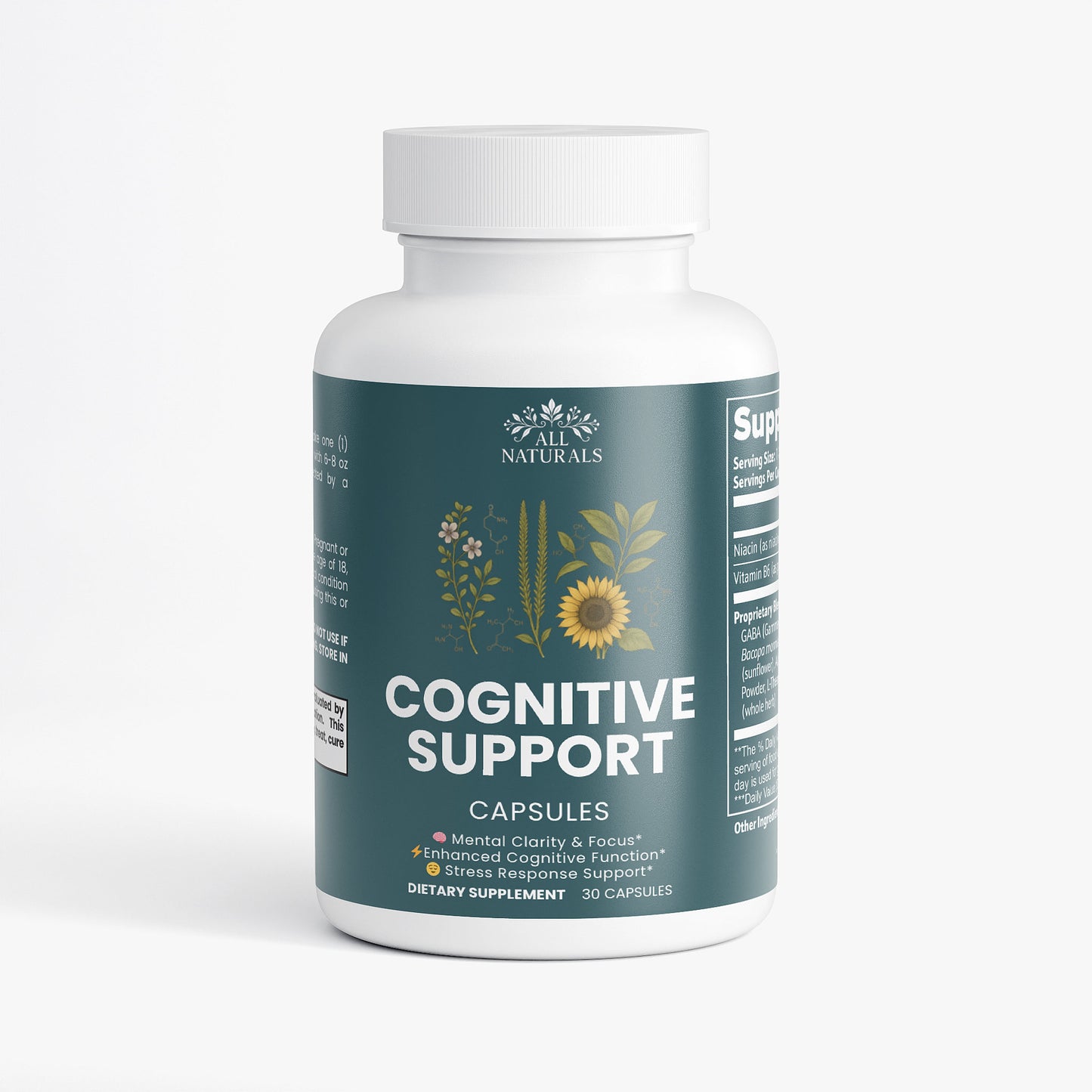 Supplement bottle labeled 'Cognitive Support' on a white background