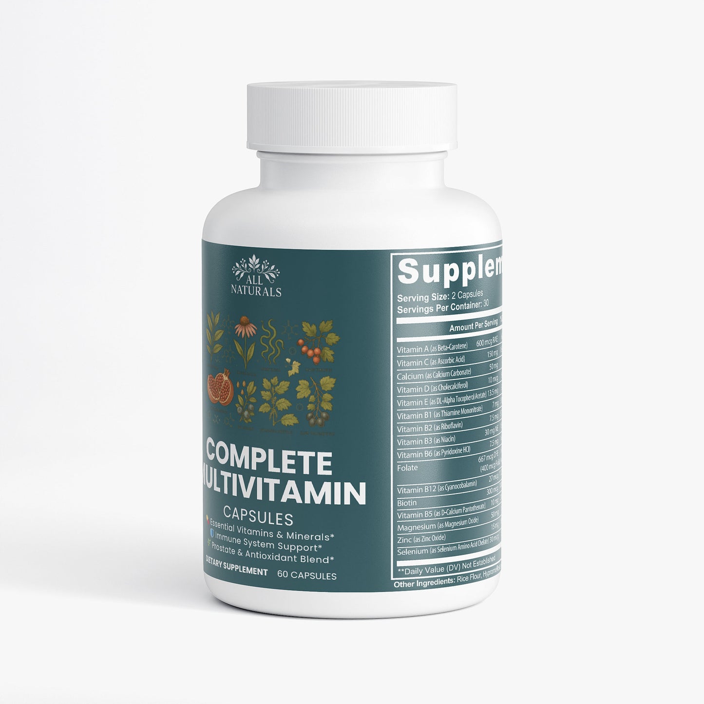 Supplement bottle labeled 'Complete Multivitamin' on a white background