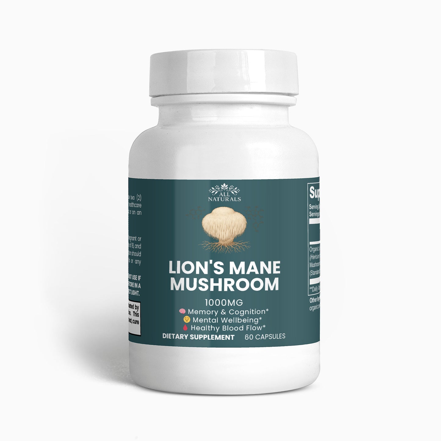 Supplement bottle labeled 'Lion's Mane Mushroom' on a white background