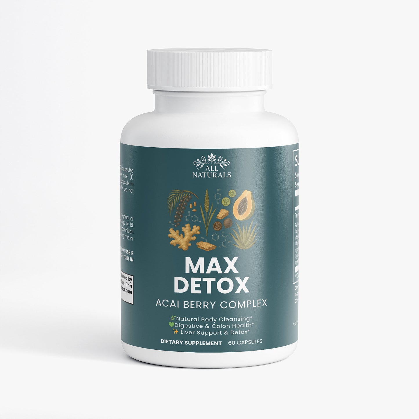 Supplement bottle labeled 'Max Detox Acai Berry Complex' on a white background