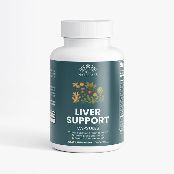 Bottle of All Naturals Liver Support capsules on a white background

