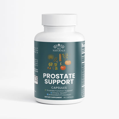 Bottle of All Naturals Prostate Support capsules on a white background


