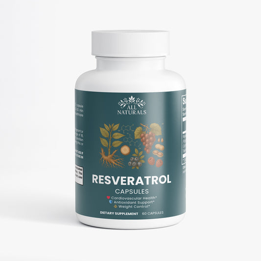 Bottle of All Naturals Resveratrol capsules on a white background

