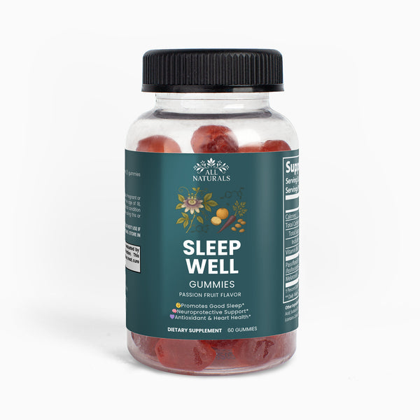 Bottle of 'Sleep Well' gummies with a clear container on a white background

