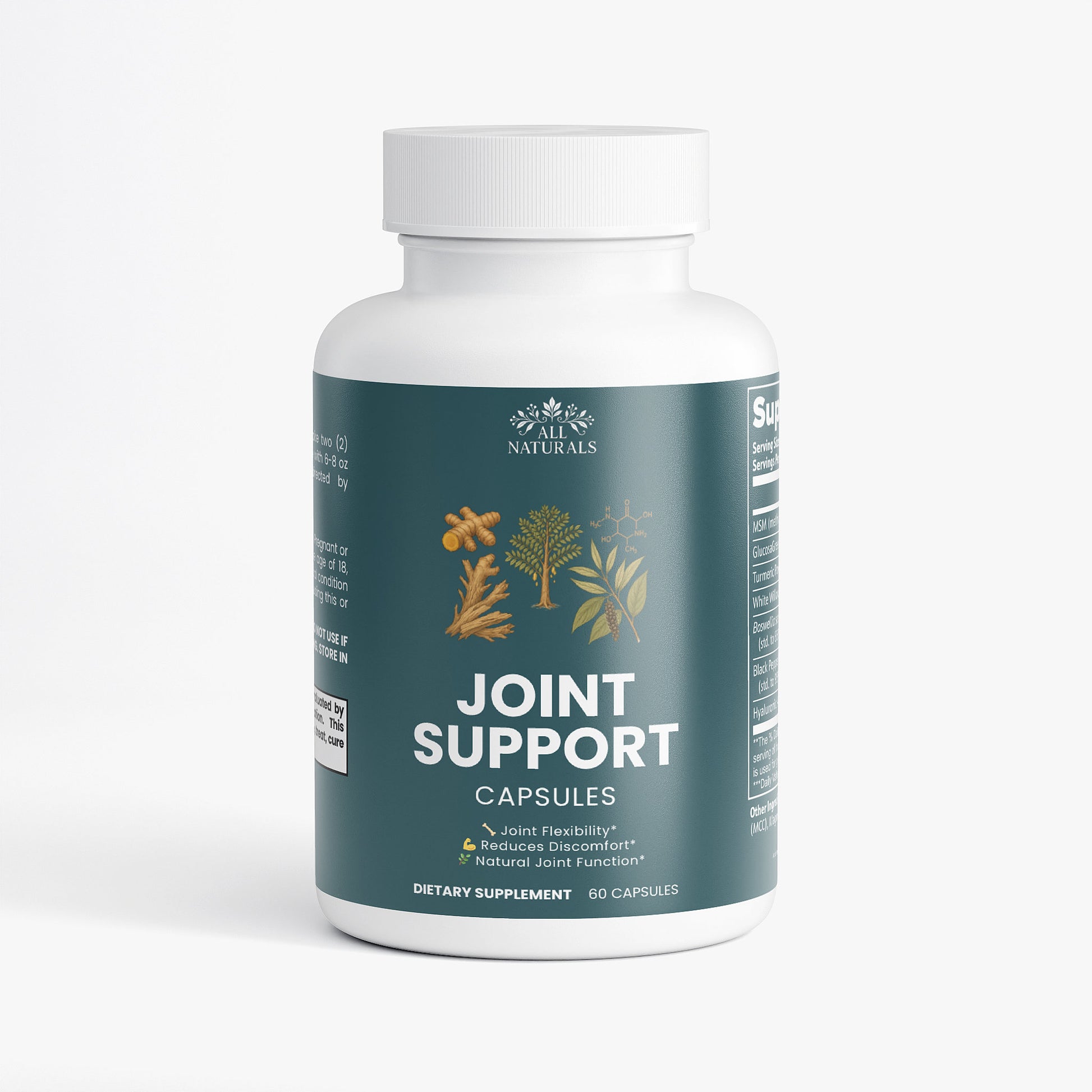 Bottle of joint support capsules on a white background

