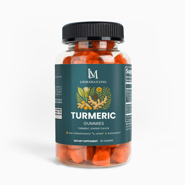 Bottle of turmeric gummies with a visible label on a white background

