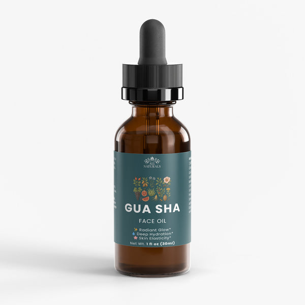 Brown glass bottle with dropper labeled 'Gua Sha Face Oil' on a white background

