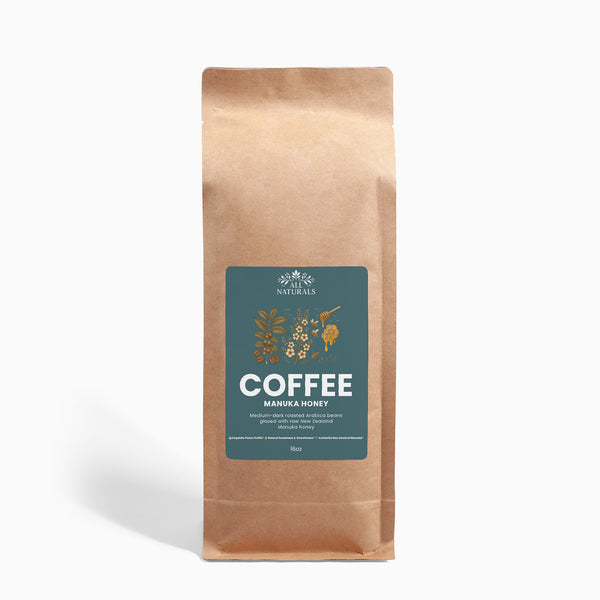 Kraft paper coffee bag with a label on a white background

