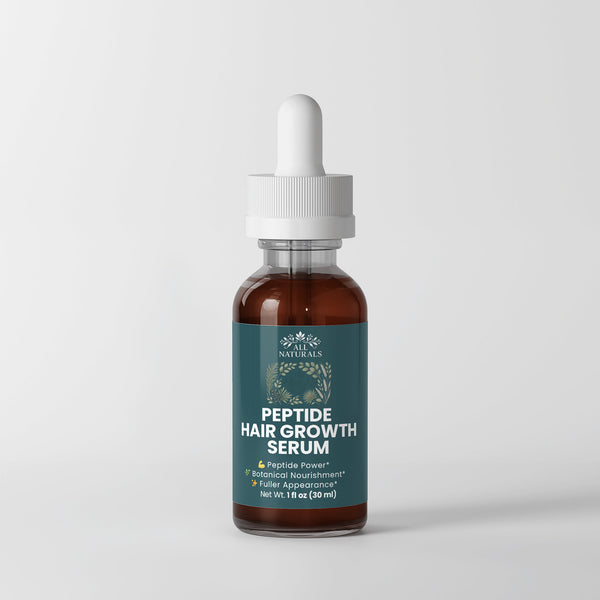 Peptide hair growth serum bottle with dropper on a light gray background

