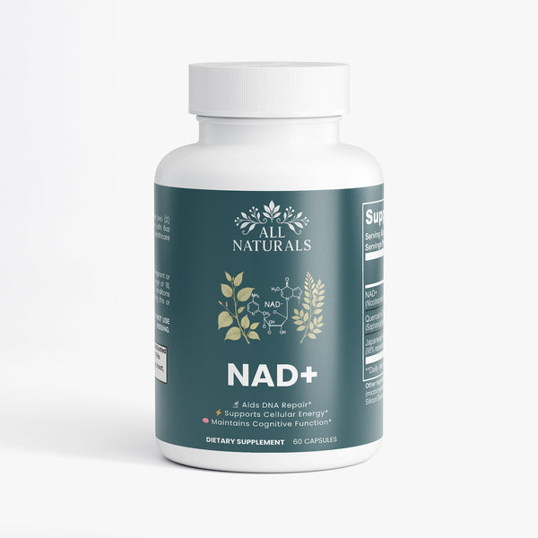 Supplement bottle labeled 'All Naturals NAD+' on a white background

