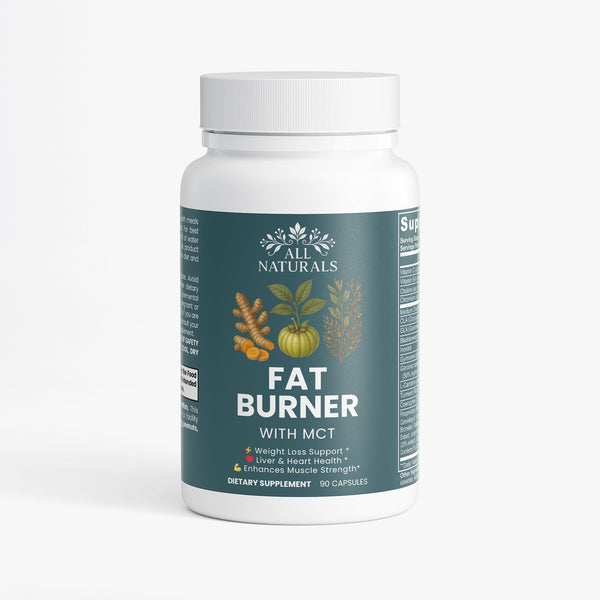 Supplement bottle labeled 'Fat Burner with MCT' by All Naturals on a white background

