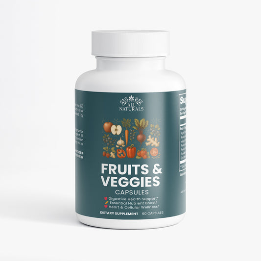 Supplement bottle labeled 'Fruits & Veggies' on a white background

