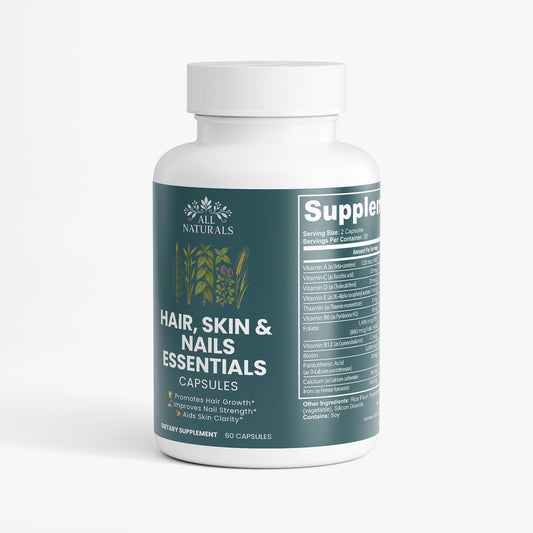 Supplement bottle labeled 'Hair, Skin & Nails Essentials' on a white background

