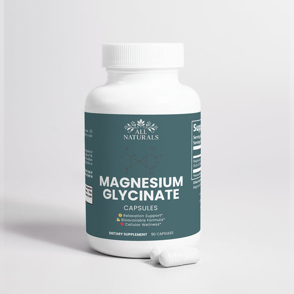 Supplement bottle labeled 'Magnesium Glycinate' on a white background

