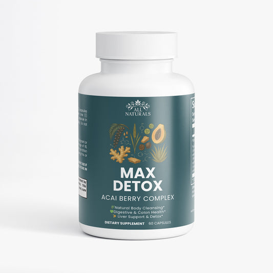 Supplement bottle labeled 'Max Detox Acai Berry Complex' on a white background

