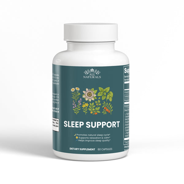 Supplement bottle labeled 'Sleep Support' with natural elements on a white background

